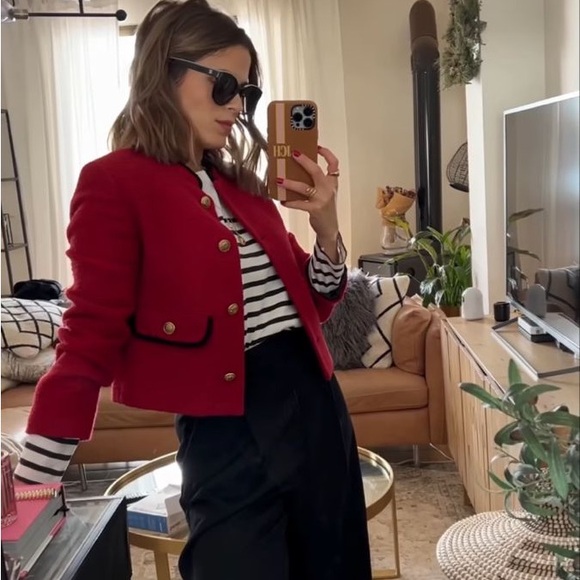 ZARA Red Boucle Textured Blazer Jacket w/ Detachable White Cuffs NWT *Flawed - Picture 6 of 16